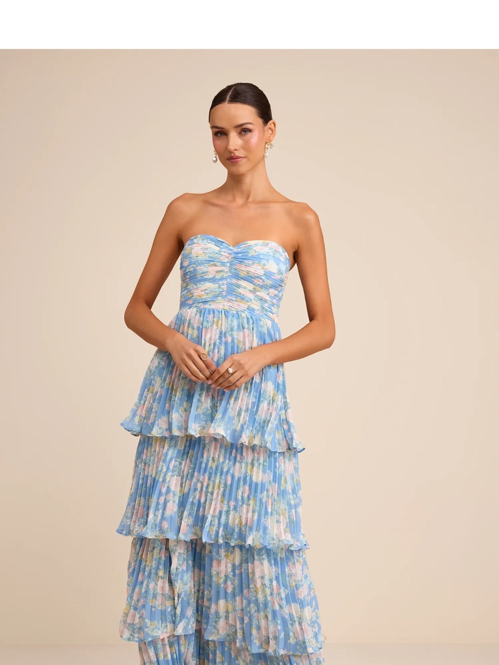 Lulu's Pastel Blue Strapless Tiered Floral Maxi Dress
